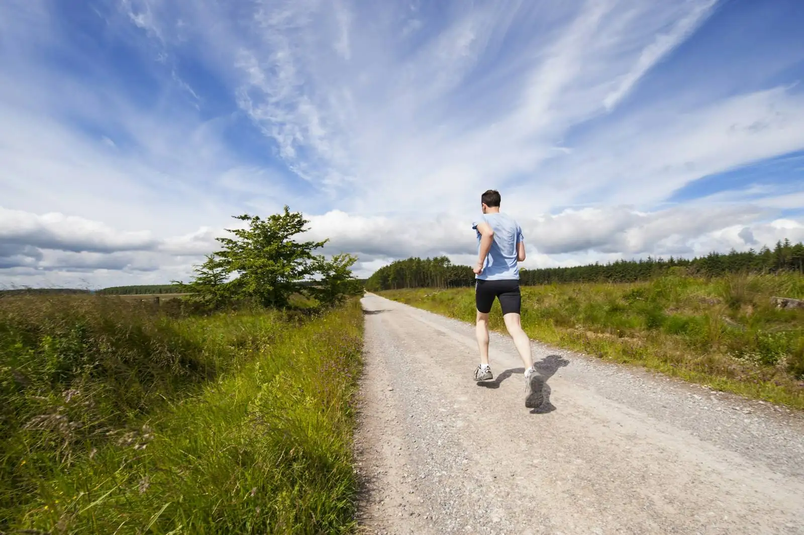 A trail runner under a wide morning sky